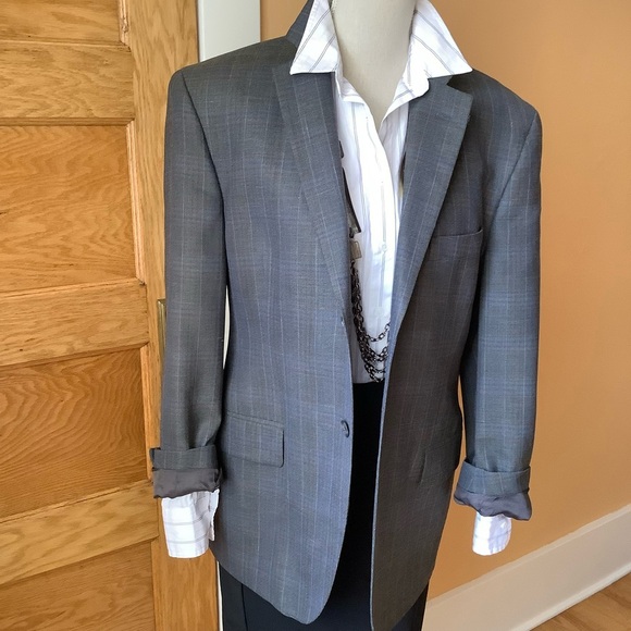 VINTAGE Gray Plaid Wool/Silk Menswear Oversized Blazer - Picture 3 of 15